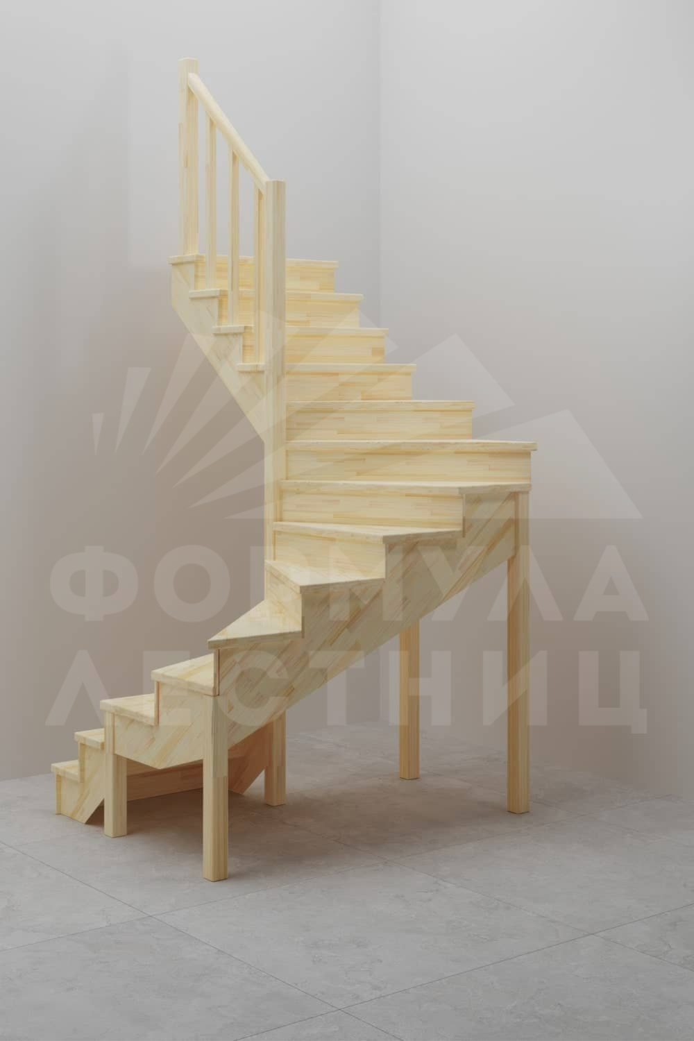 п-образная лестница 180 градусов с поворотными ступенями деревянная из массива сосны другой ракурс