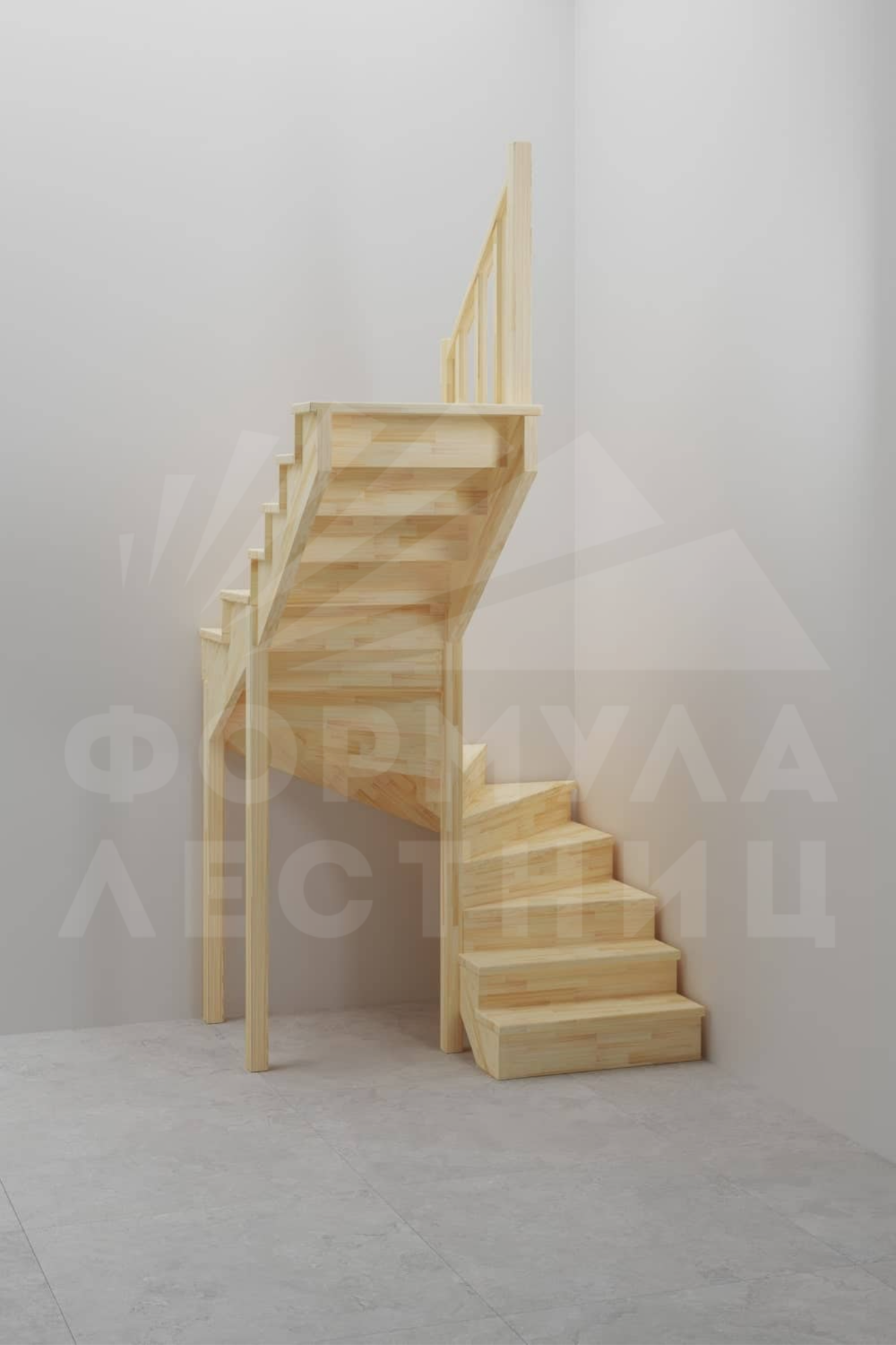 п-образная лестница 180 градусов с поворотными ступенями деревянная из массива сосны еще один ракурс